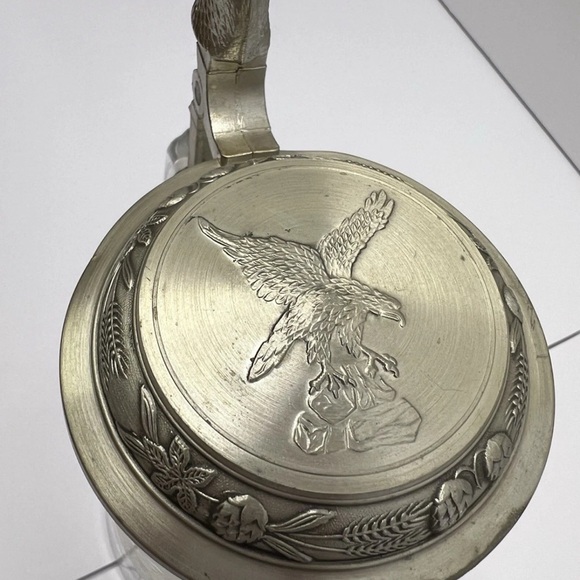 Domex German Beer Stein w/ Pewter Eagle Head Lid Etched Glass Beer Mug - Picture 4 of 10